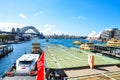 Circular quay wharf with the view of Sydney harbour bridge and opera house. Royalty Free Stock Photo